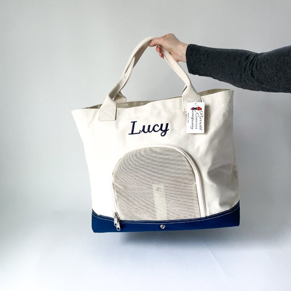 BNWT Parrot Canvas Dog Tote- Embroidered with Lucy